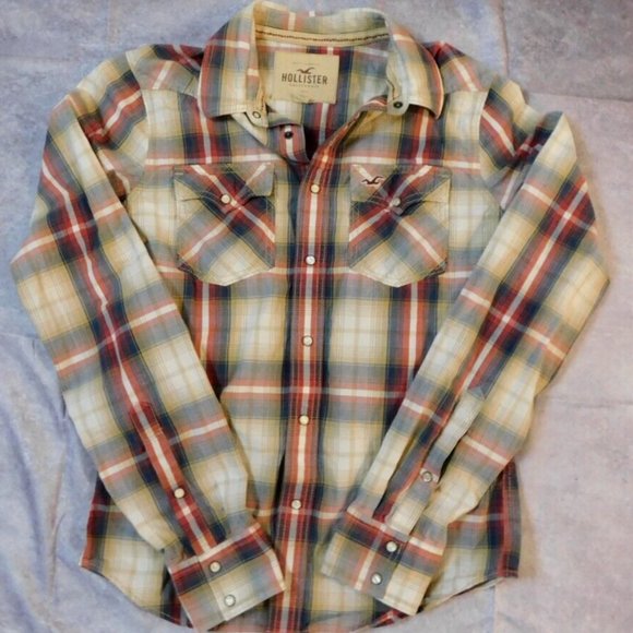 Hollister Shirt Large Tan/Red Plaid Western Pearl Snap Button Down Men's - Picture 1 of 3
